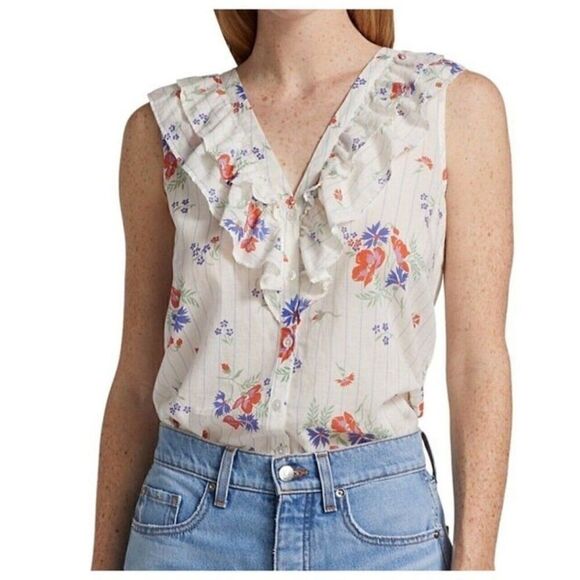 Veronica Beard Leina White Floral Ruffle Sleeveless Button Front V-neck Blouse M - Picture 1 of 10